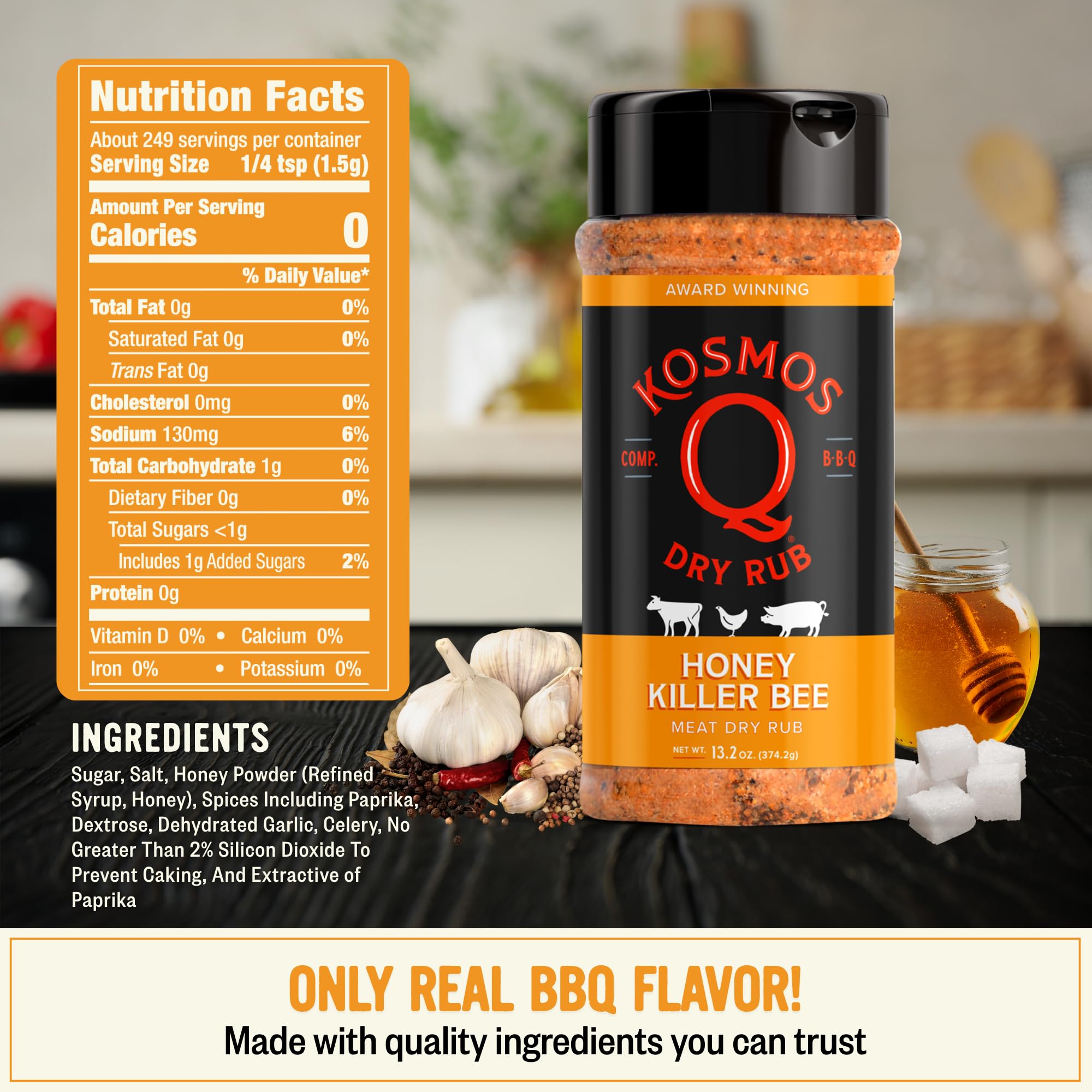 Kosmos Q Honey Killer Bee BBQ Rub shaker-dispense for even coverage on grills