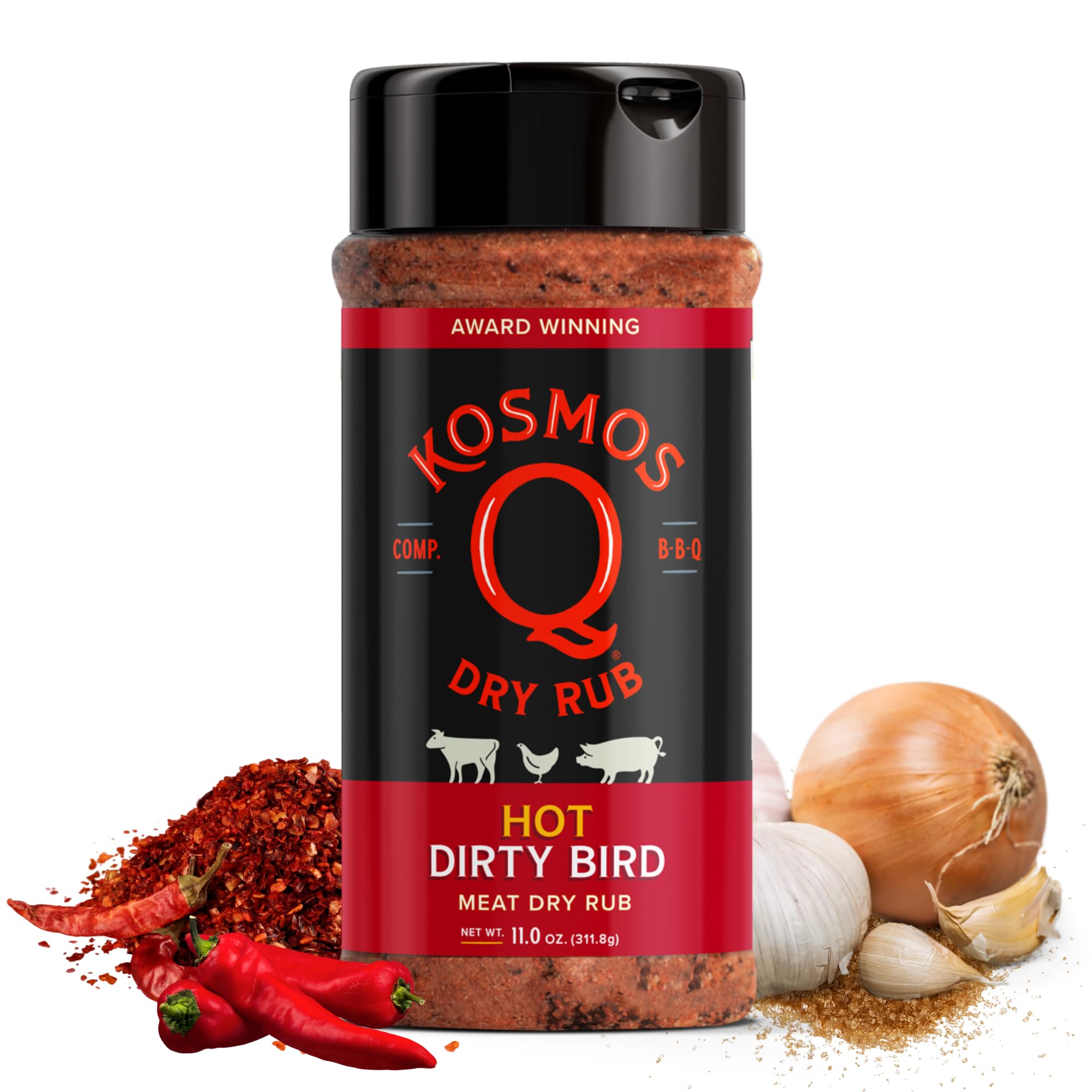 Kosmos Q Hot Dirty Bird bottle label, bold smoky blend for grilling