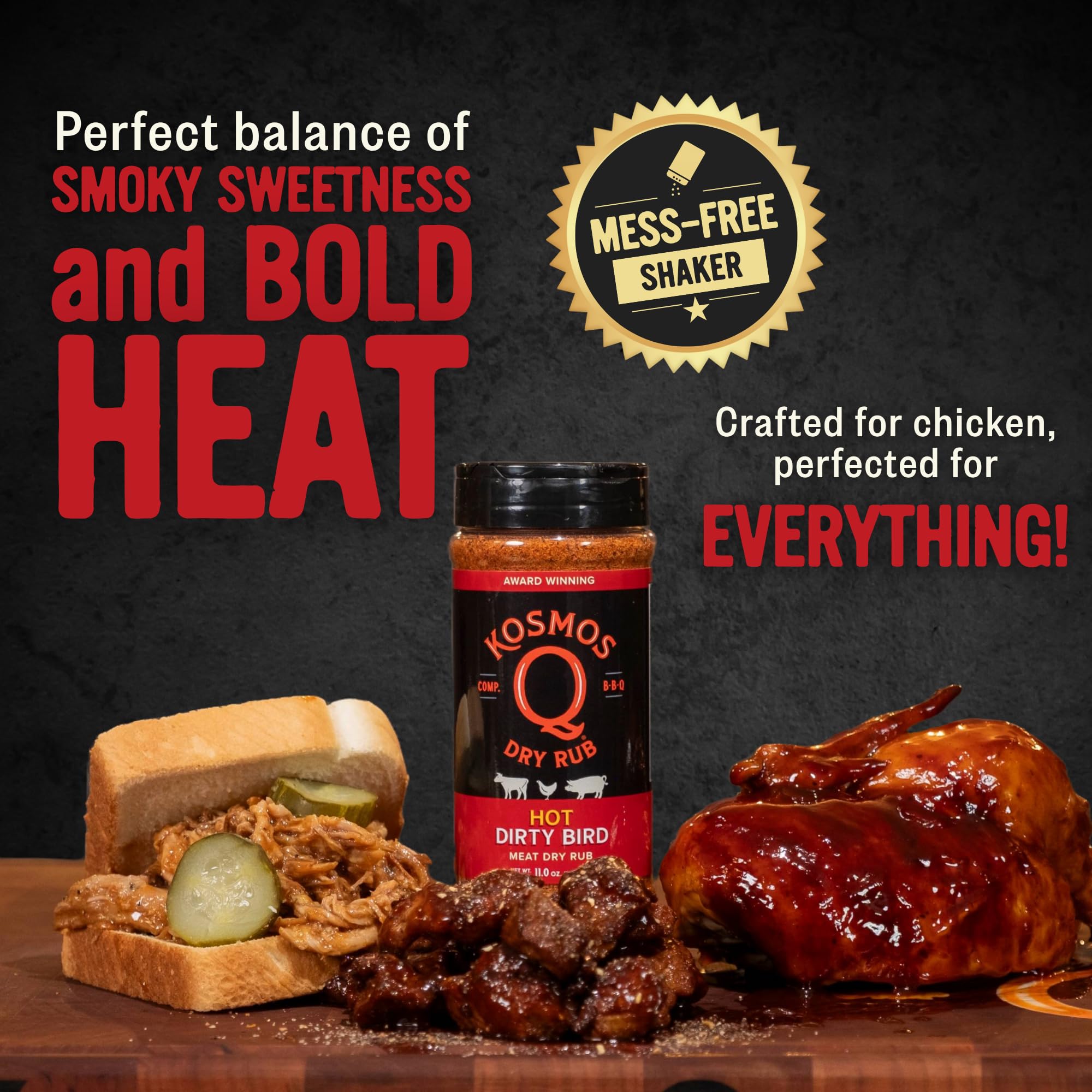 Kosmos Q Hot Dirty Bird chicken drumsticks, even coating with built-in shaker