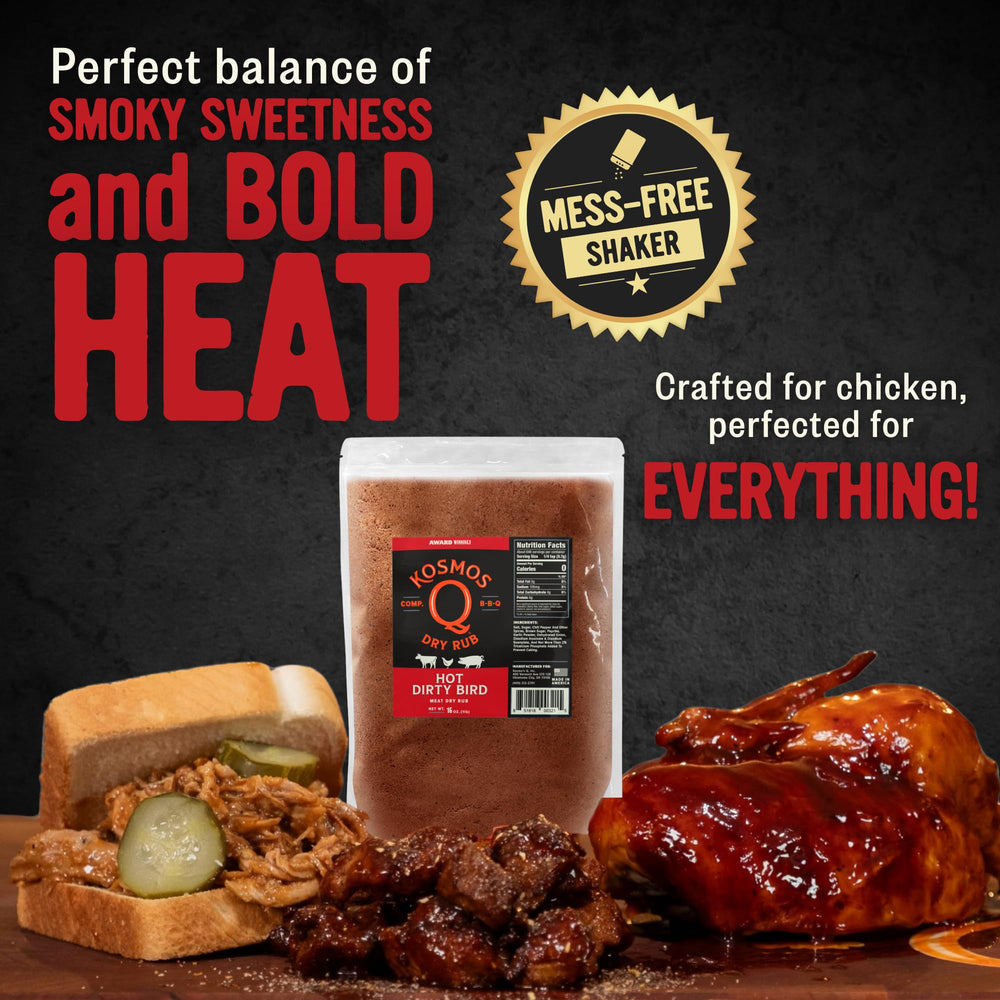 Kosmos Q Hot Dirty Bird spice shaker for easy application.
