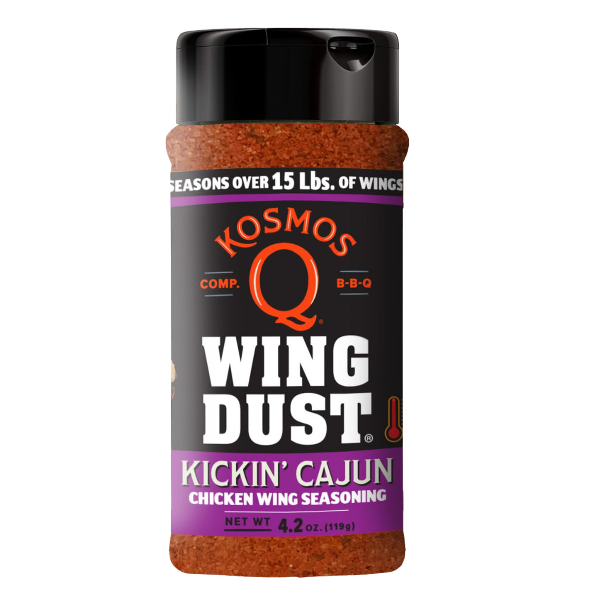 Kosmos Q Kickin’ Cajun Wing Dust bottle delivers bold Creole flavor for versatile cooking.