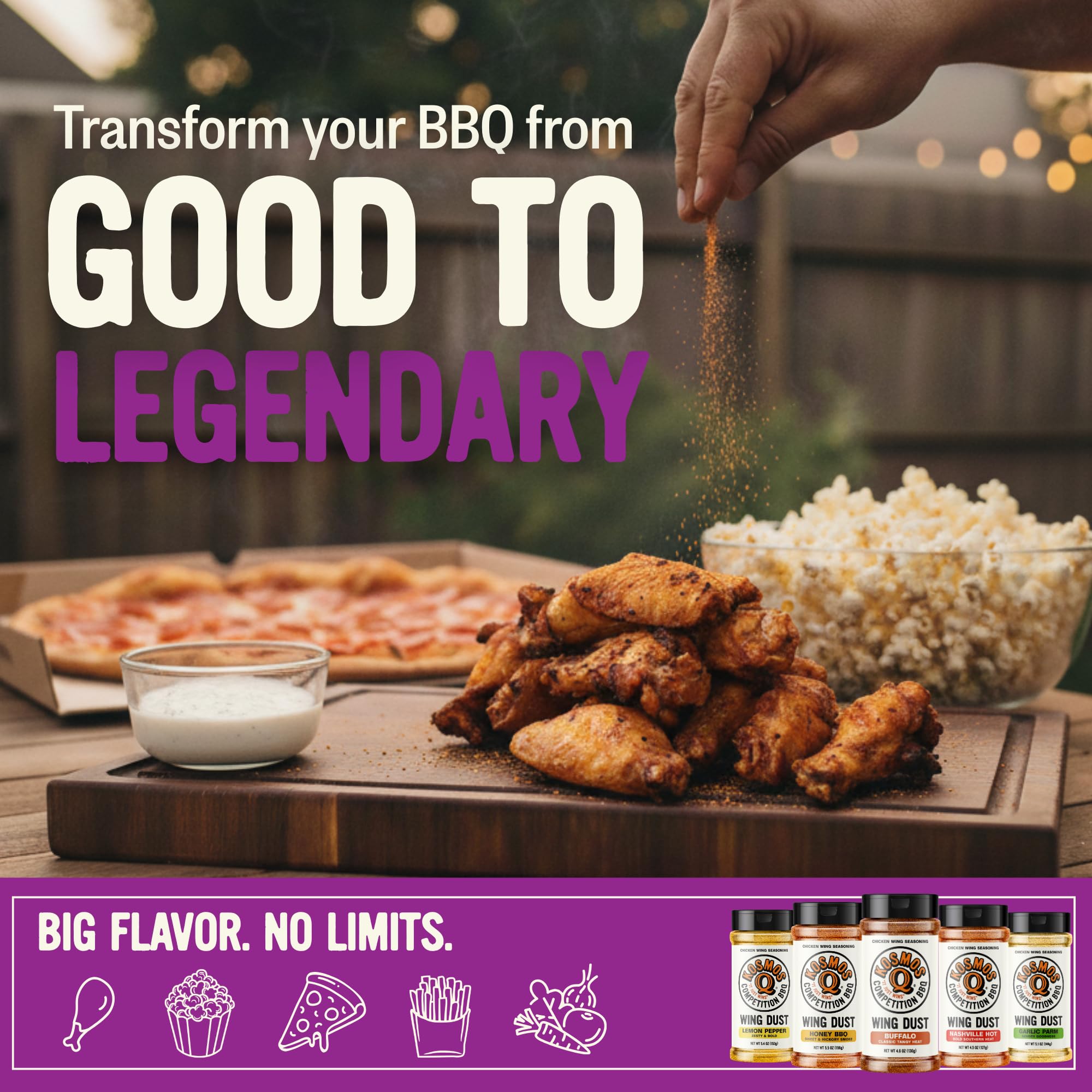 Grill-ready Kosmos Q Kickin’ Cajun Wing Dust for backyard cooking.