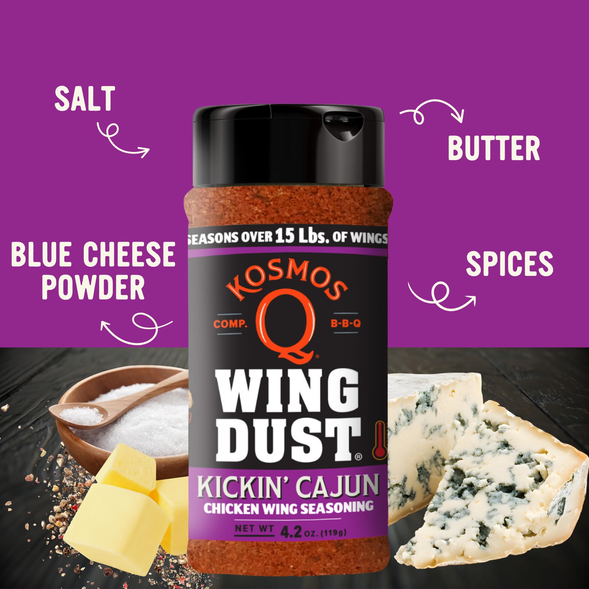Kosmos Q Kickin’ Cajun Wing Dust on popcorn for savory snacks.
