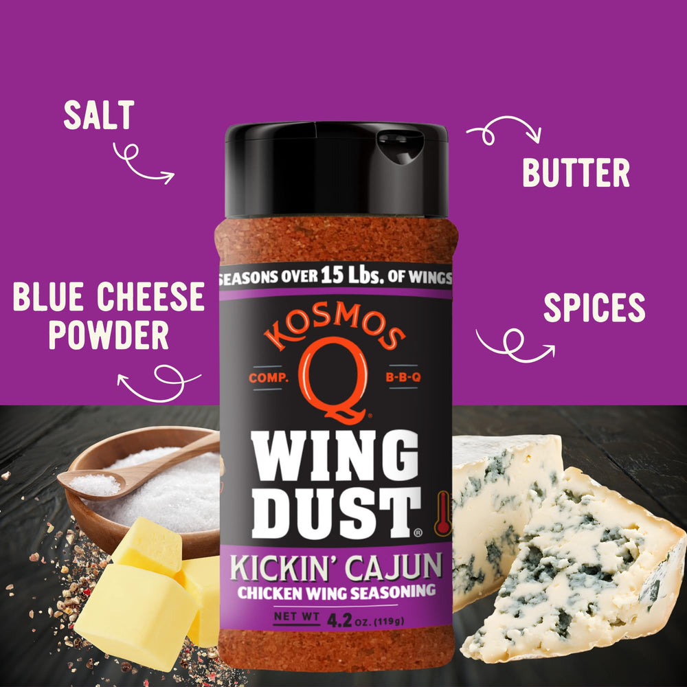 Kosmos Q Kickin’ Cajun Wing Dust on popcorn for savory snacks.