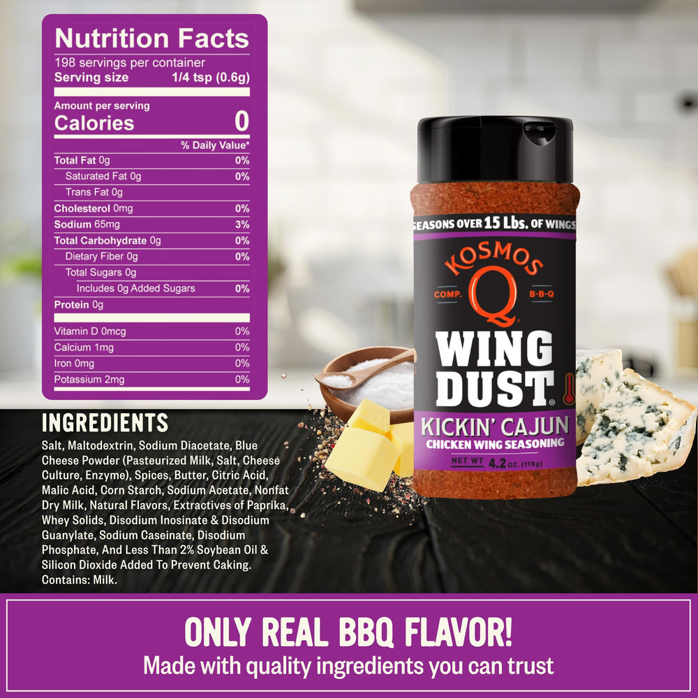 Kosmos Q Kickin’ Cajun Wing Dust shaker on wings adds smoky heat for bold bites.