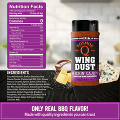 Kosmos Q Kickin’ Cajun Wing Dust shaker on wings adds smoky heat for bold bites.