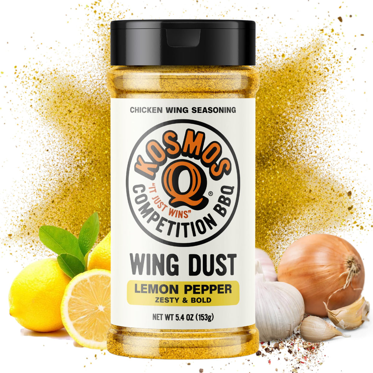 Kosmos Q Lemon Pepper Wing Dust bottle showcases bright citrus flavor for versatile seasoning