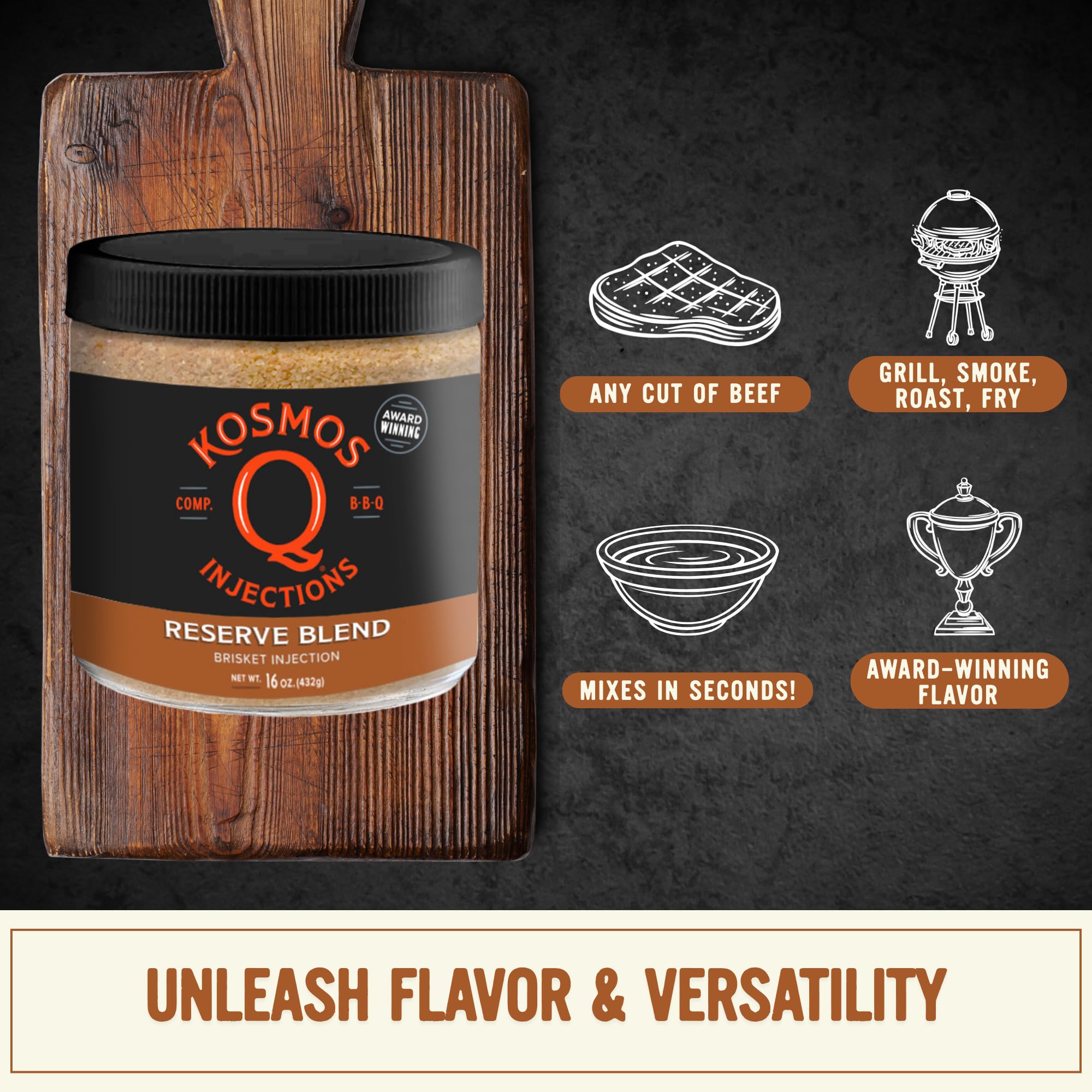 Kosmos Q Reserve Blend Brisket Injection label visible on jar.