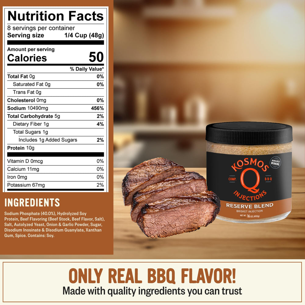 Pouring Kosmos Q Reserve Blend Brisket Injection to evenly flavor the meat.