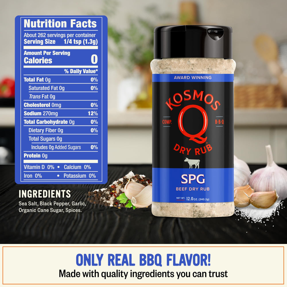 Kosmos Q SPG BBQ Dry Rub ingredients panel with sea salt, garlic, pepper, cane sugar.