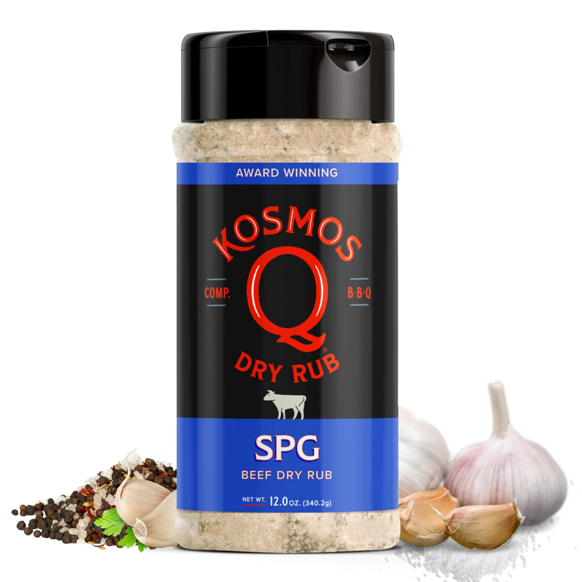 Kosmos Q SPG BBQ Dry Rub packaging label highlights bold flavor for any meat.