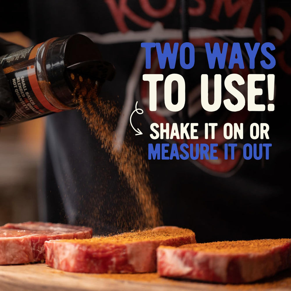 Kosmos Q SPG BBQ Dry Rub on pork ribs near a smoker.