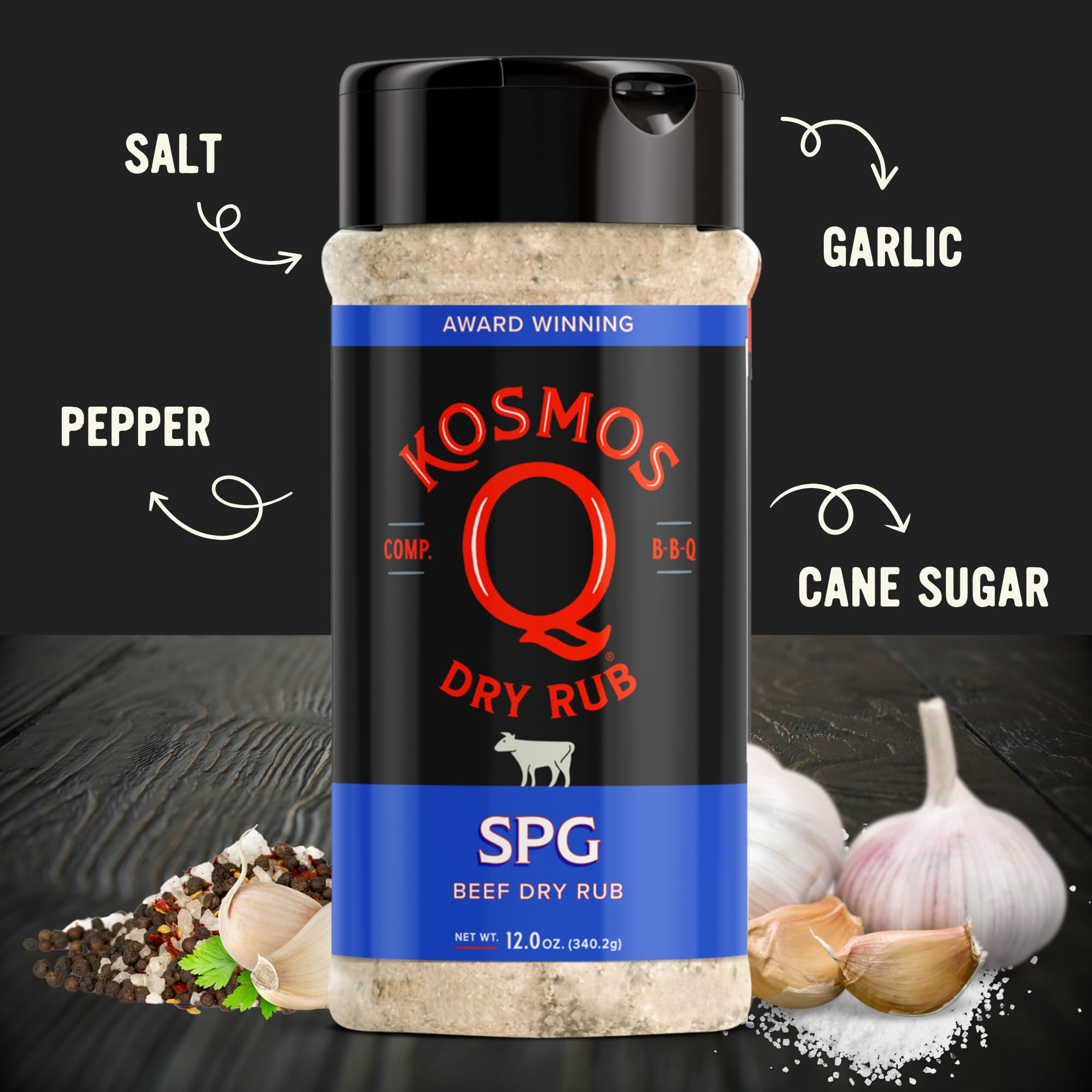 Kosmos Q SPG BBQ Dry Rub shaker pouring for even coating.