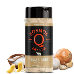 Kosmos Q Texas Beef Rub bottle cap close-up showing bold flavor for grilling.