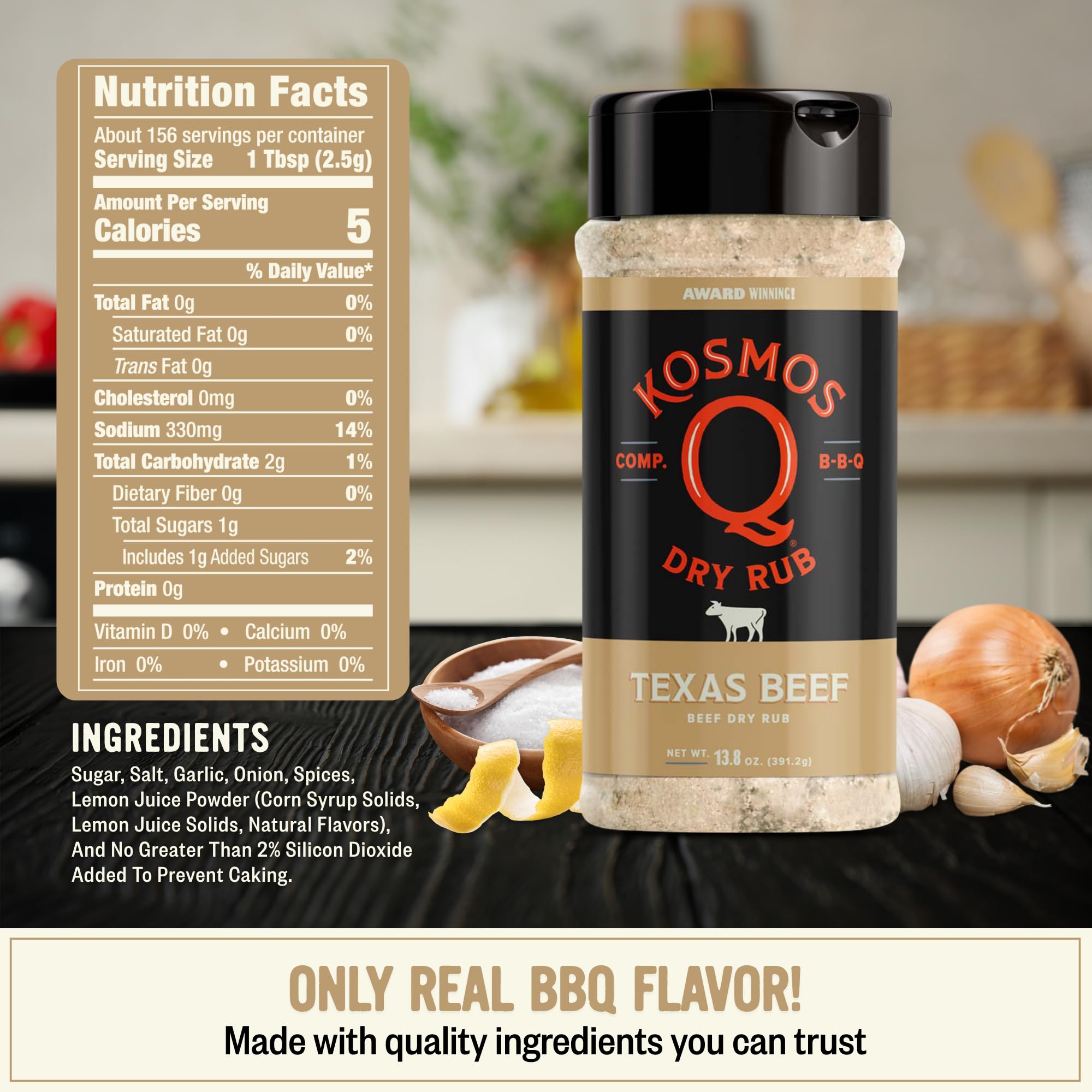 Kosmos Q Texas Beef Rub shaker dispensing seasoning for even coverage.