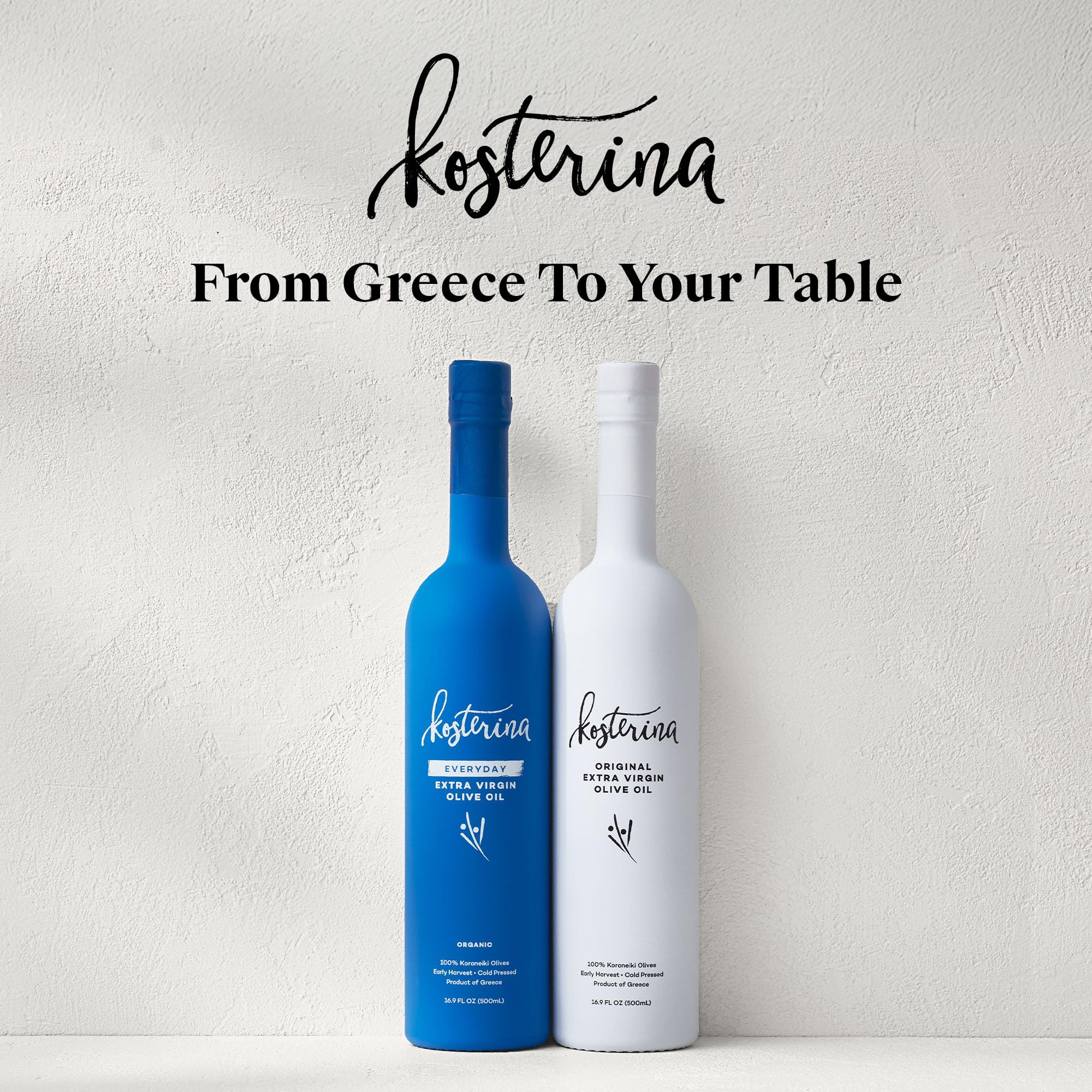 Kosterina Olive Oil drizzle over finished dish suggests versatility.