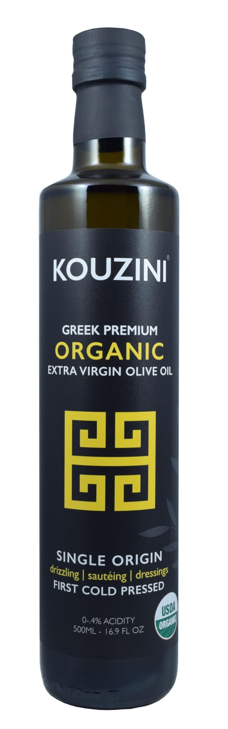 Kouzini olive oil bottle on kitchen counter, premium single-origin Greek EVOO for cooking.