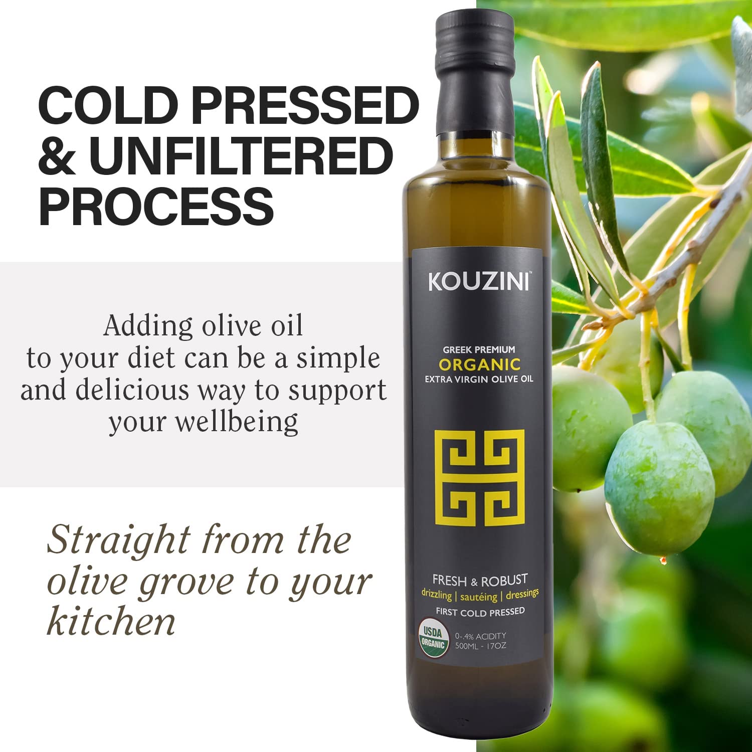 Kouzini olive oil on a counter ready for cooking and finishing dishes.