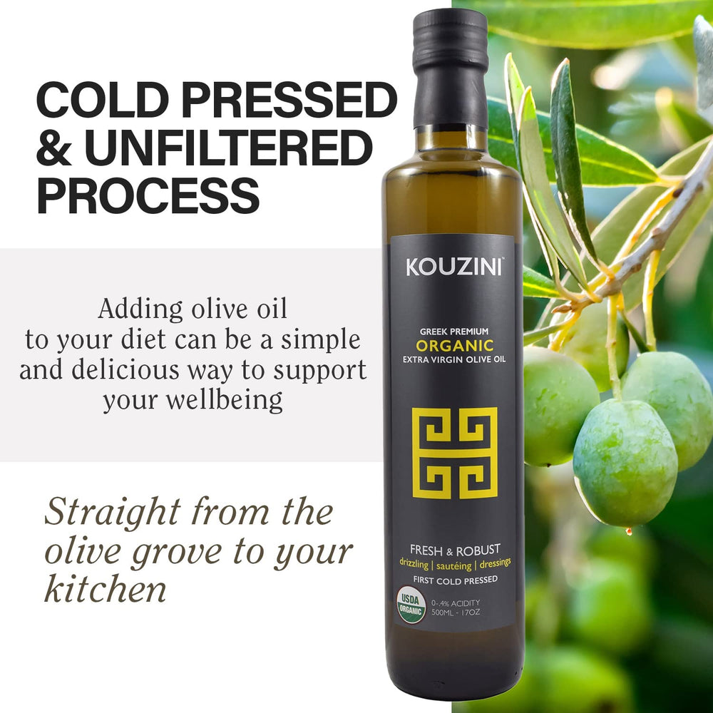 Kouzini olive oil on a counter ready for cooking and finishing dishes.