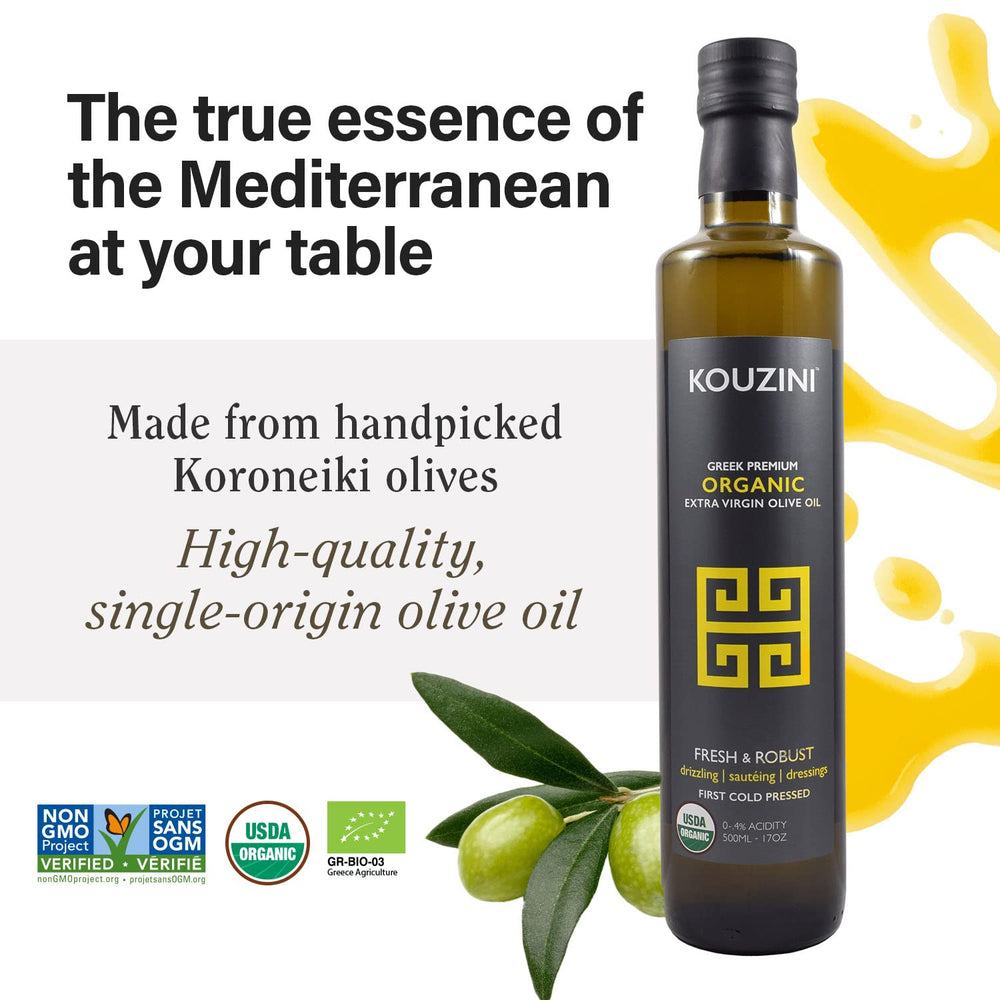 Kouzini olive oil dressing bowl showing rich flavor for salads.