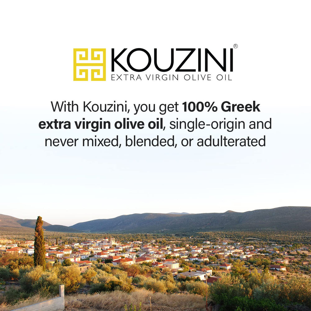 Kouzini olive oil label emphasizes single-origin Greek heritage and quality.