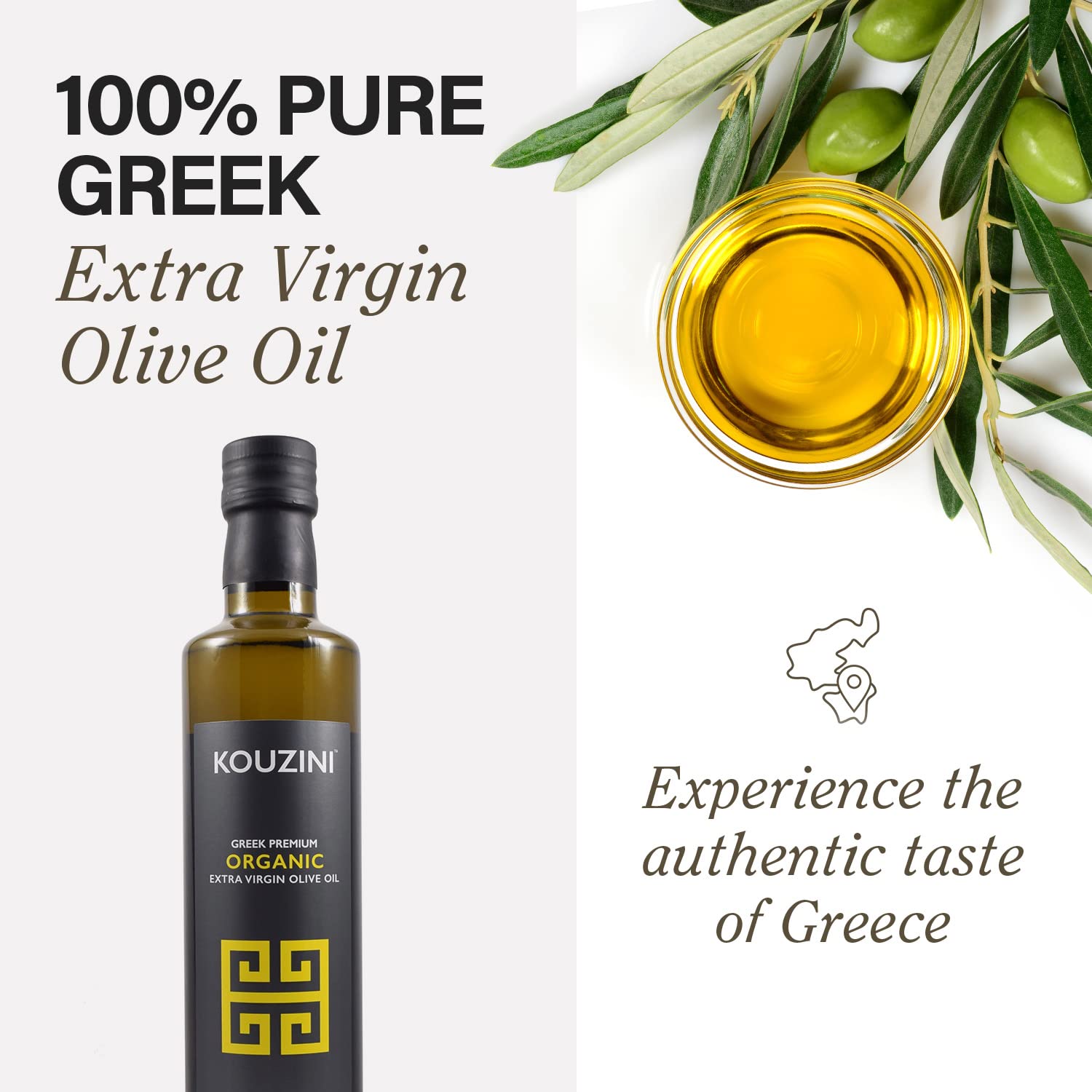 Kouzini olive oil pour shot highlighting smooth flow for dressings.