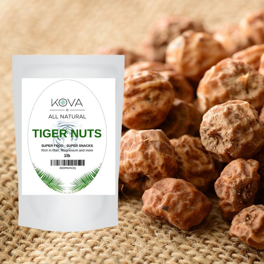 Kovafood tiger nuts close-up—naturally wrinkled, mildly sweet.
