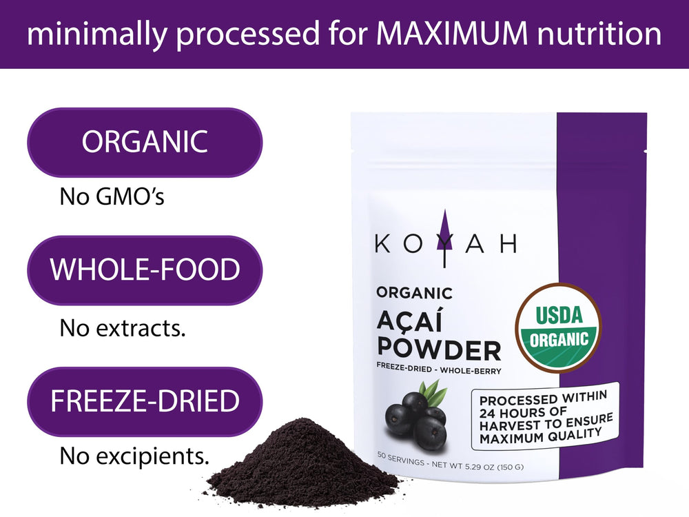 Koyah Acai Powder bowl with smoothie highlights rich color