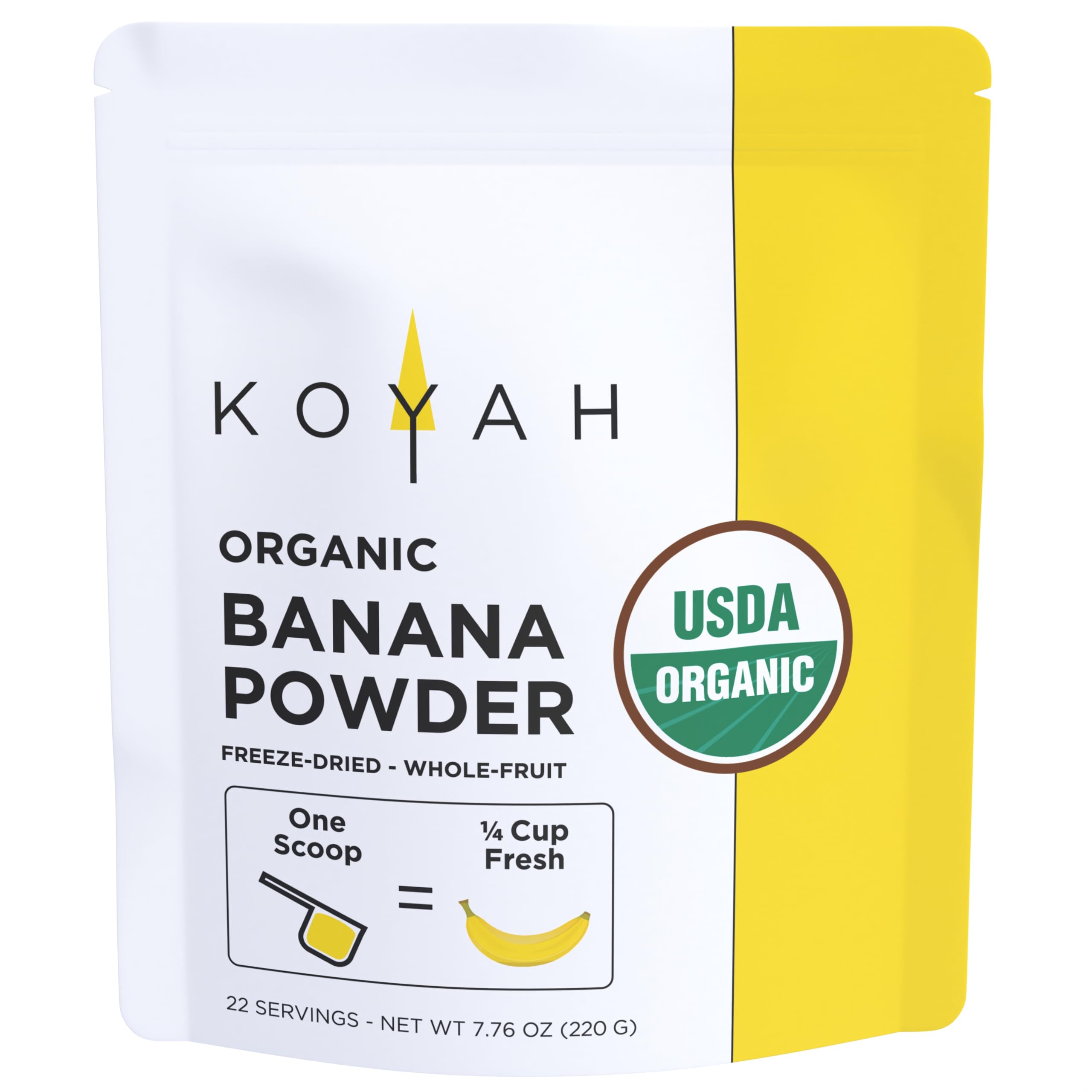 KOYAH Banana Powder in a smoothie suggests easy daily nutrition.