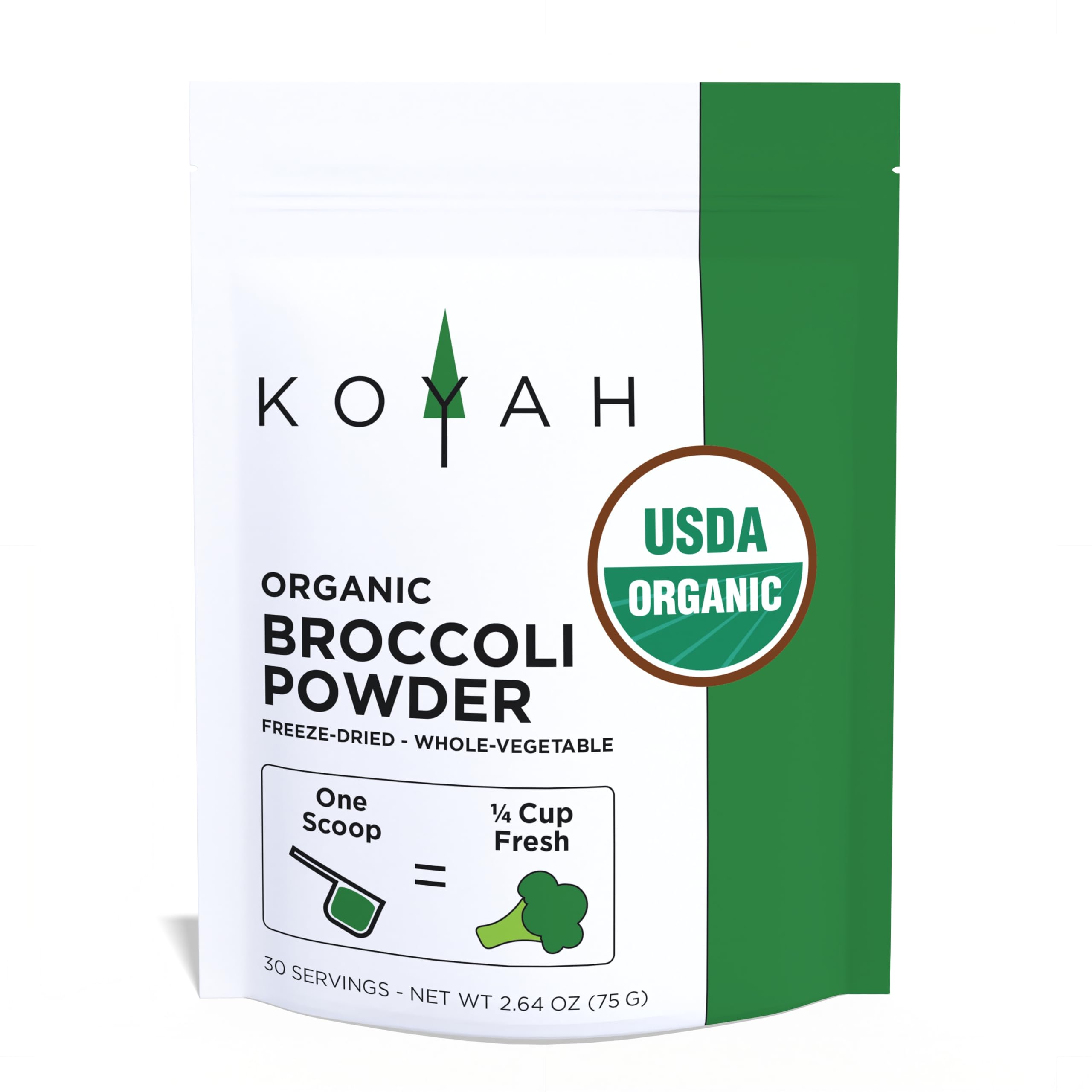KOYAH Organic broccoli powder bottle with scoop for easy greens.