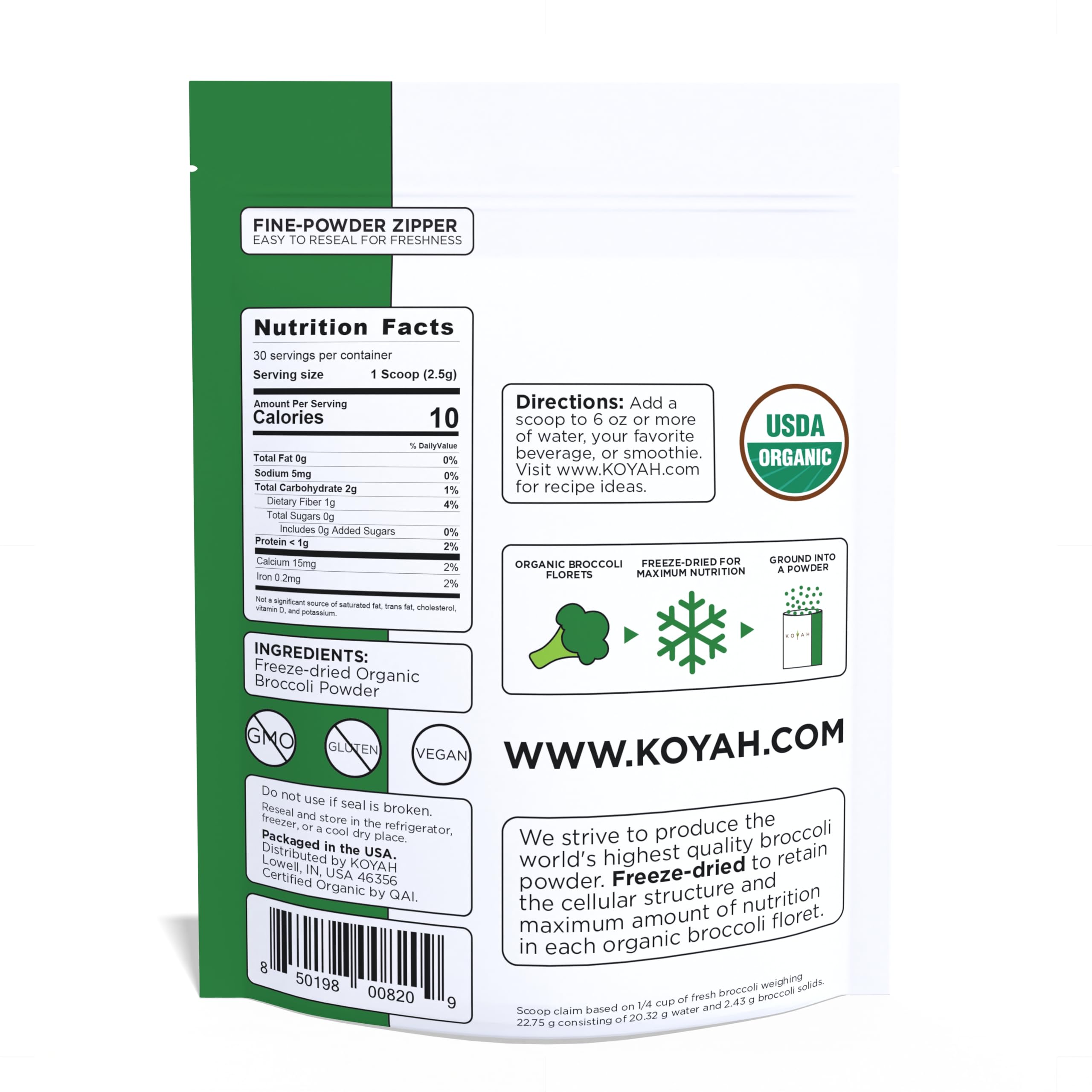 KOYAH freeze-dried broccoli powder close-up ready to mix.