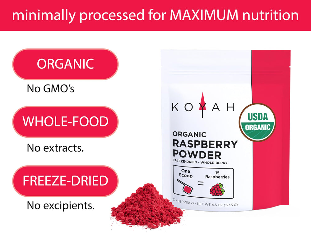 KOYAH freeze-dried raspberries bottle emphasizes clean ingredients and convenience