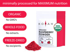 KOYAH freeze-dried raspberries bottle emphasizes clean ingredients and convenience