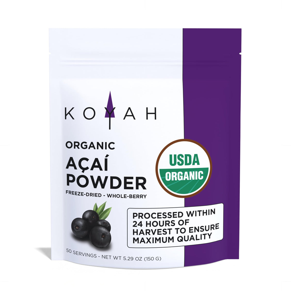 Koyah Organic Acai Powder jar front for premium smoothie boost