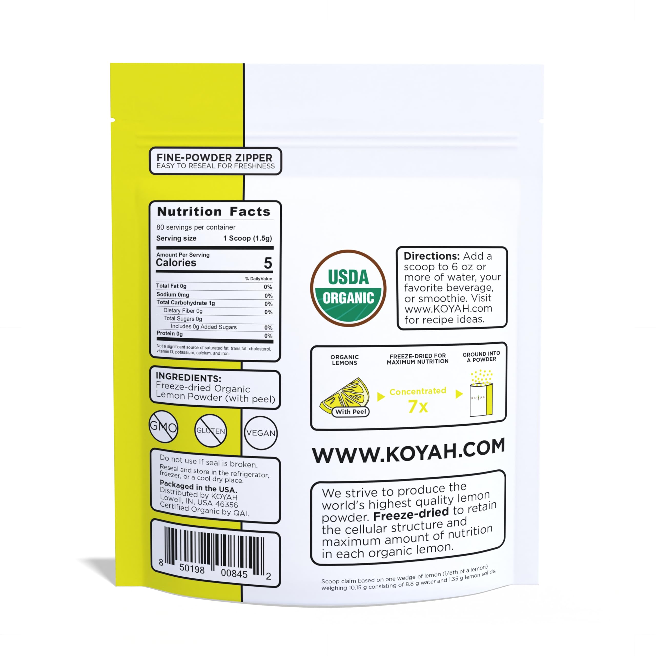 KOYAH Organic Lemon Powder with Peel bag close-up, perfect for baking and seasoning.