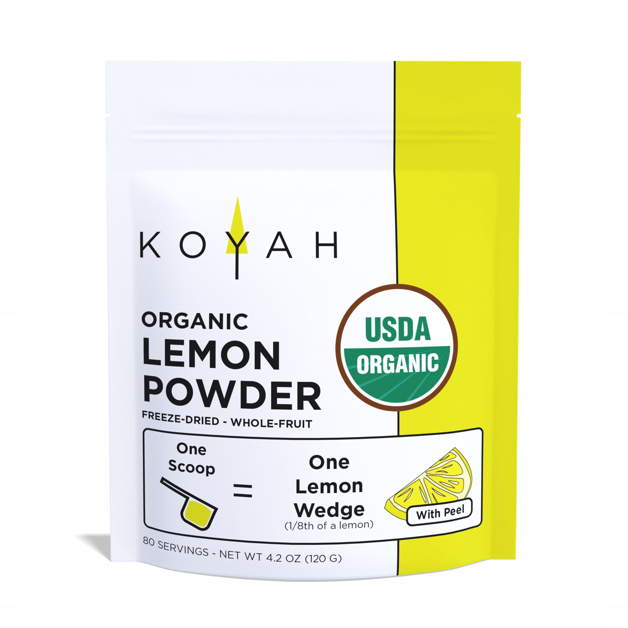 KOYAH Organic Lemon Powder with Peel bottle front, ideal for flavoring drinks and desserts.