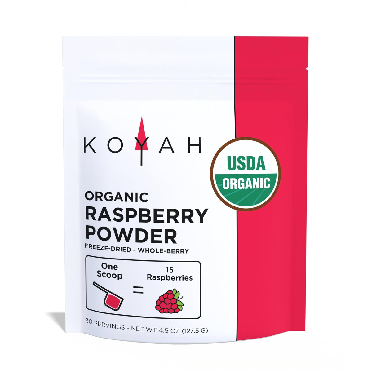 KOYAH organic raspberry powder jar with whole-berry flavor for smoothies