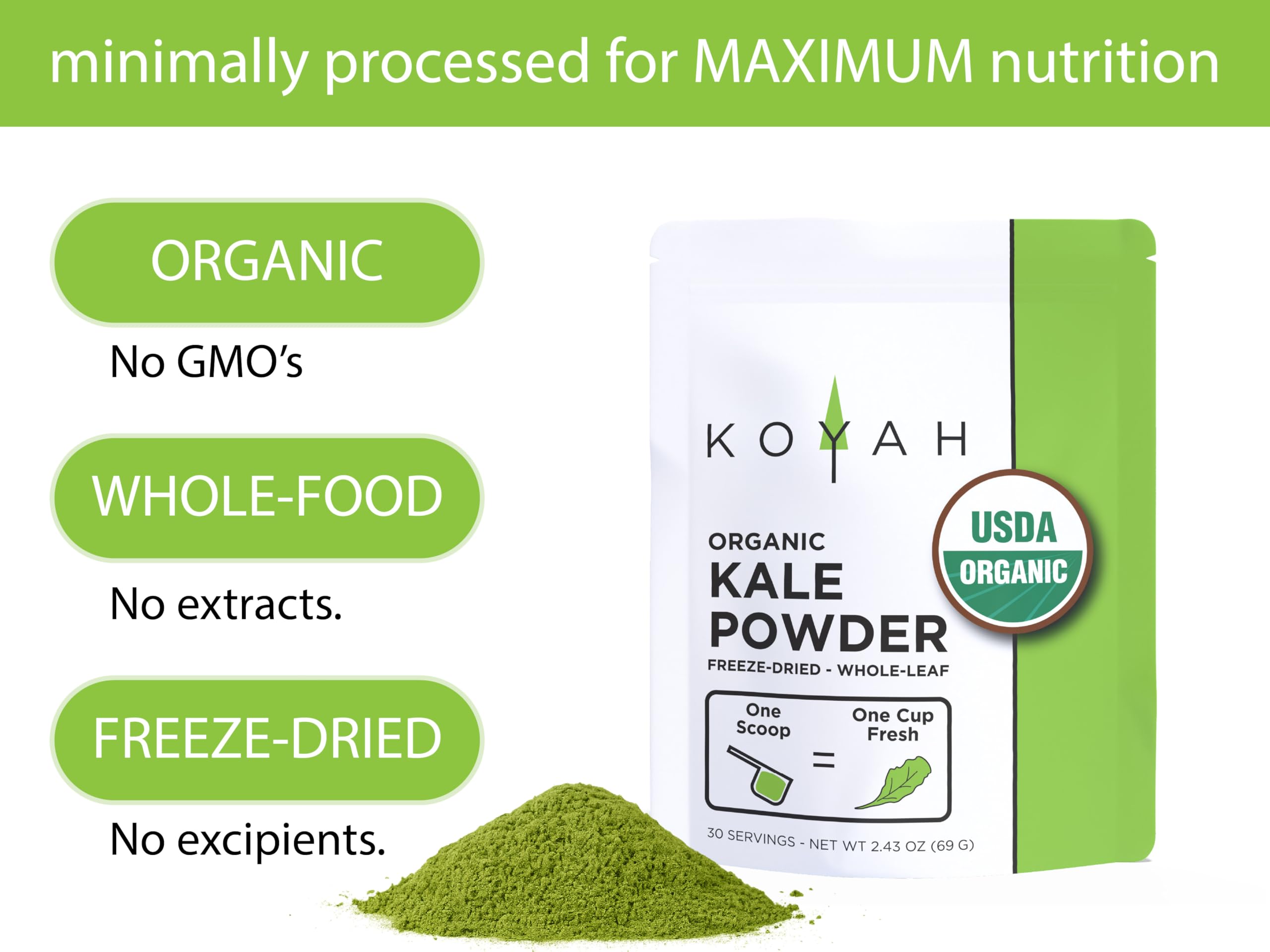 KOYAH Organic USA Kale Powder bright green color appealing to health routines.