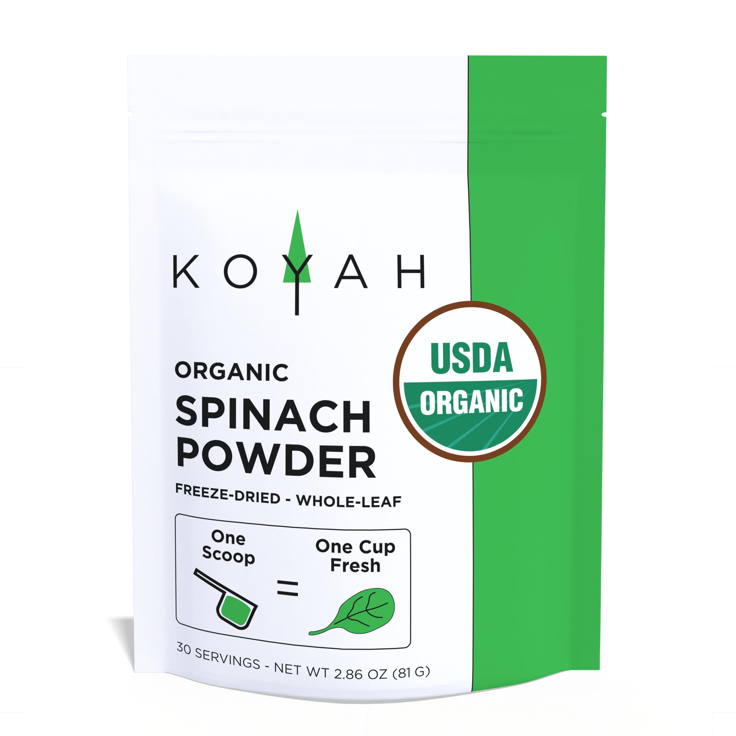KOYAH Spinach Powder packaging with brand and resealable pouch for convenient storage.