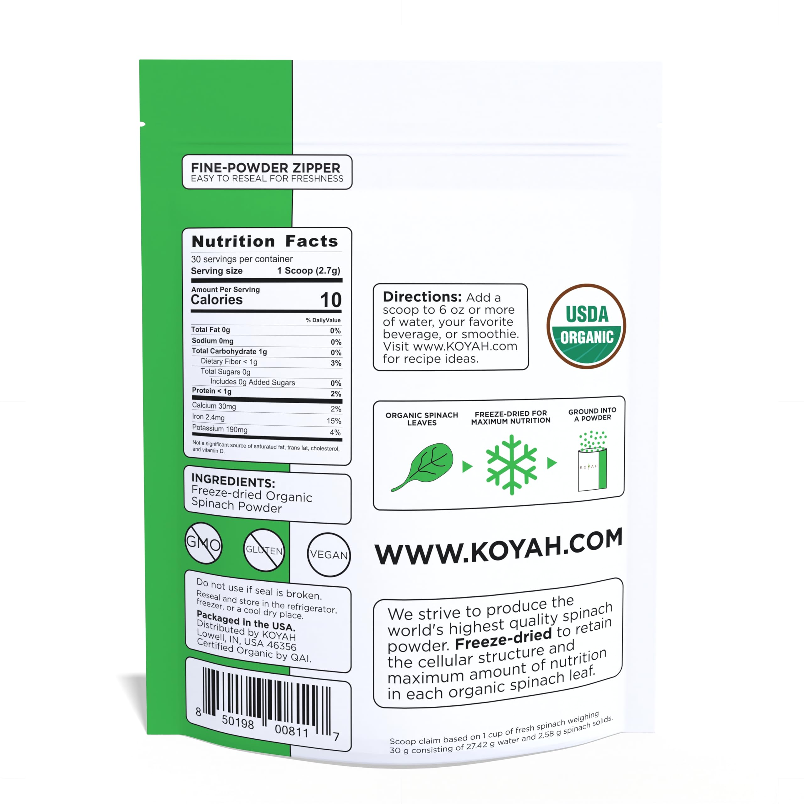KOYAH Spinach Powder scoop close-up highlighting easy portioning for meals.