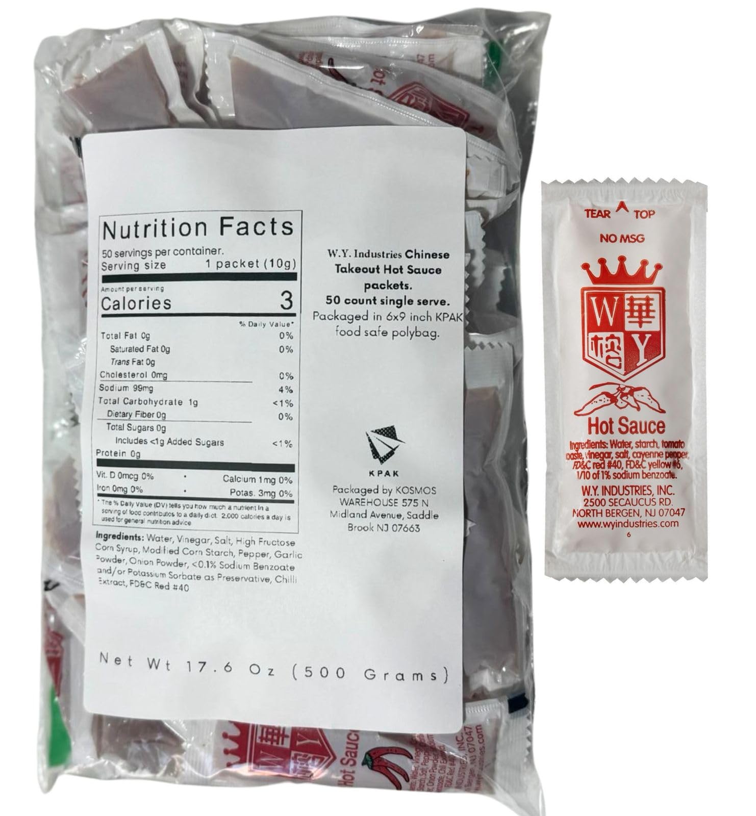 KPAK hot sauce packets in a 6x9 inch polybag for clean storage.