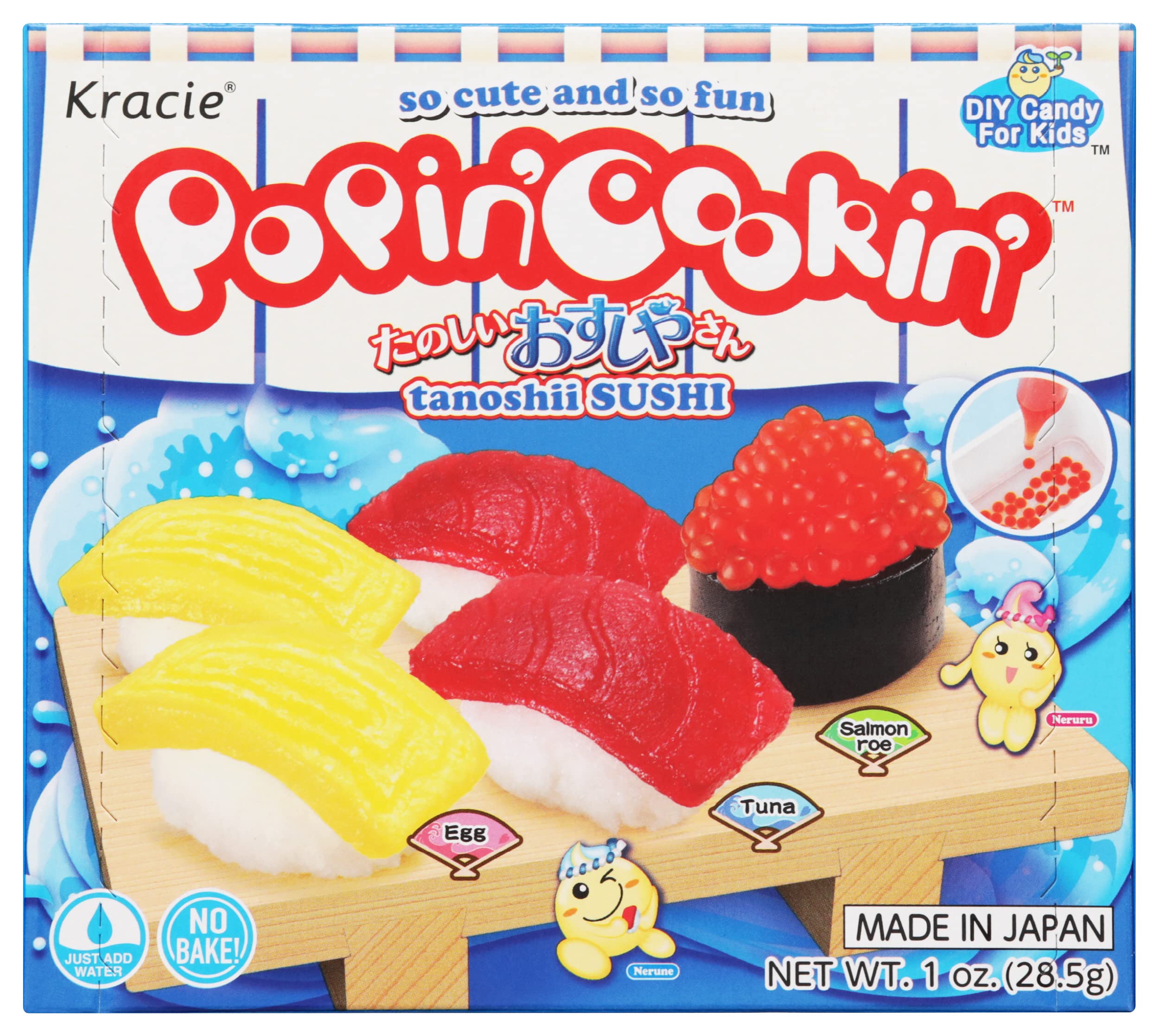 Kracie Popin' Cookin' Candy Sushi Kit packaging shows colorful components for a fun family activity.