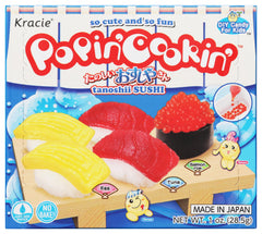 Kracie Popin' Cookin' Candy Sushi Kit packaging shows colorful components for a fun family activity.
