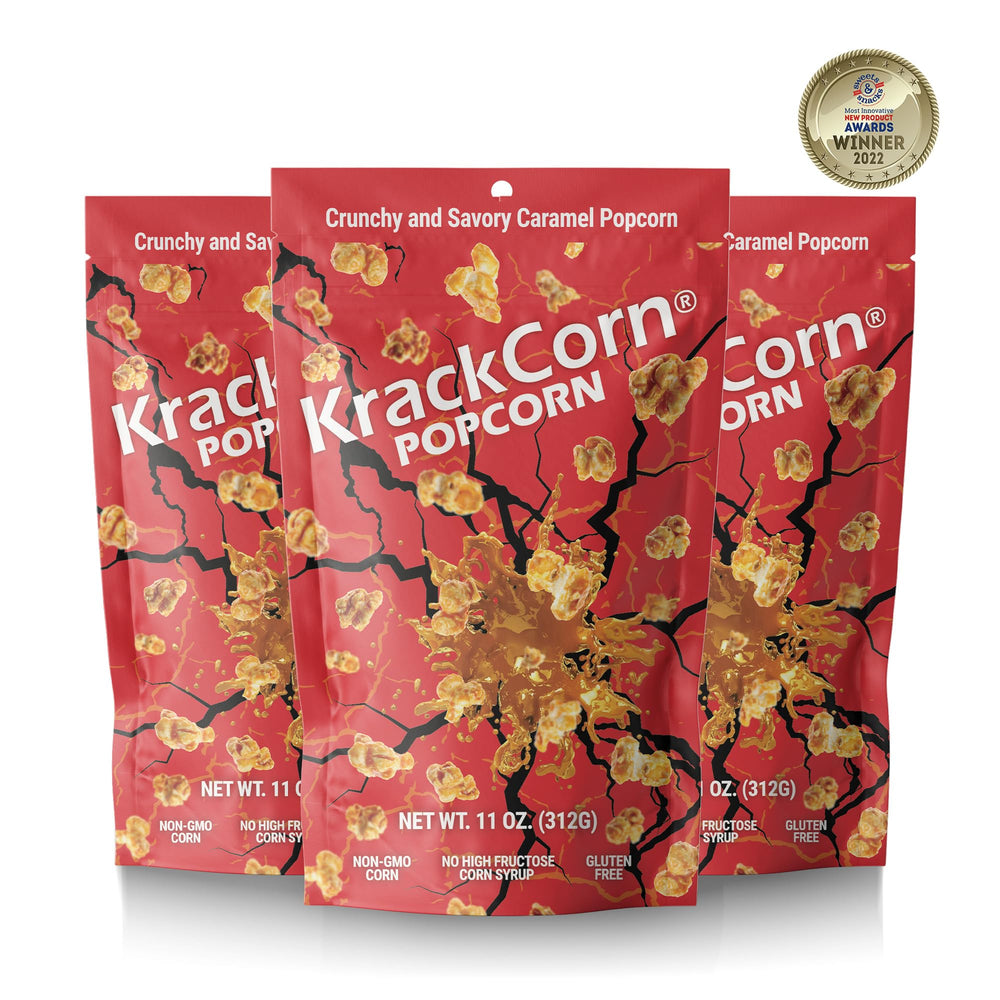 KrackCorn caramel popcorn three-pack on table showcases gluten-free snack options.