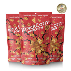 KrackCorn caramel popcorn three-pack on table showcases gluten-free snack options.