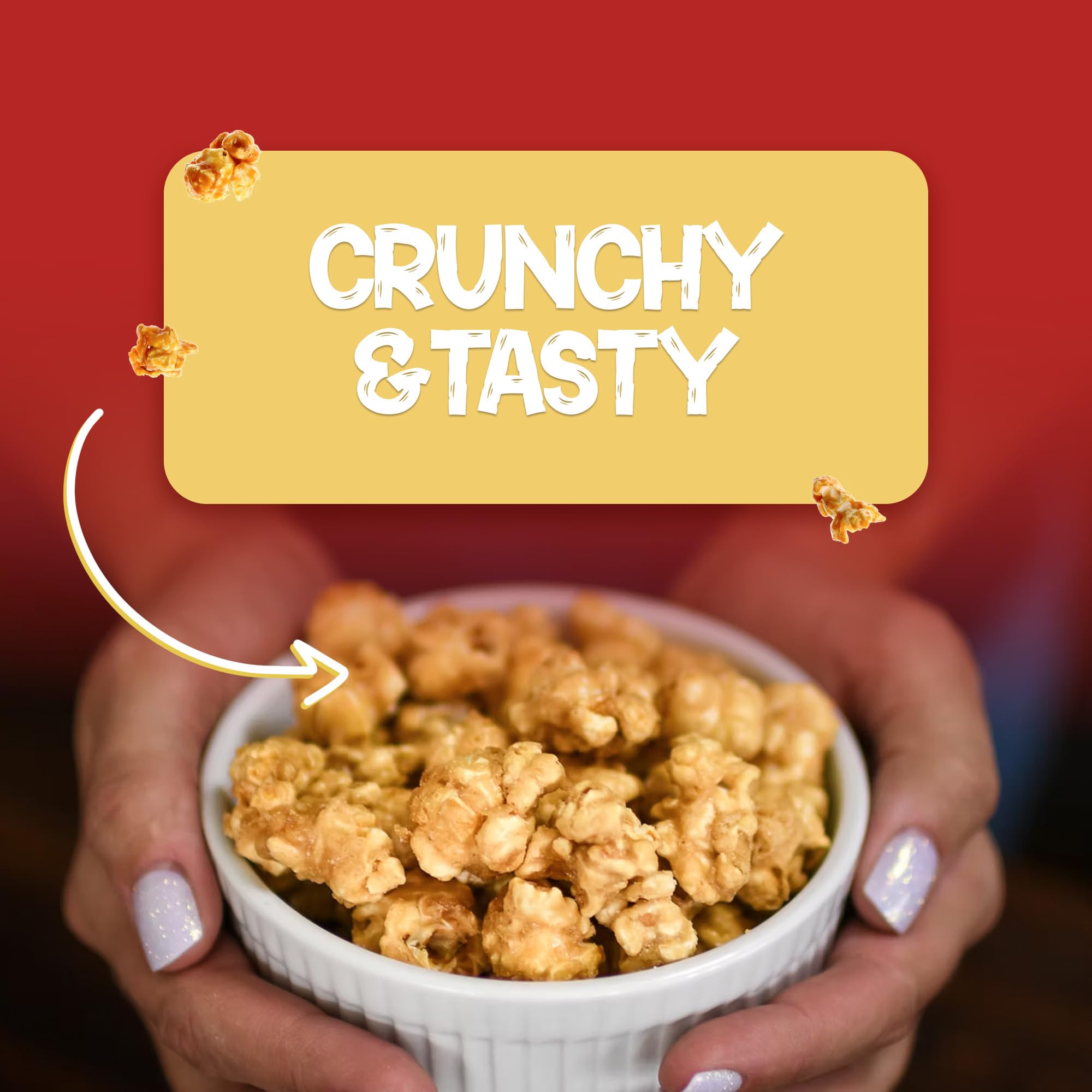 KrackCorn caramel popcorn in a bowl for movie nights.