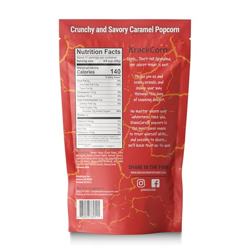 KrackCorn caramel popcorn close-up reveals glossy caramel coating and appeal.