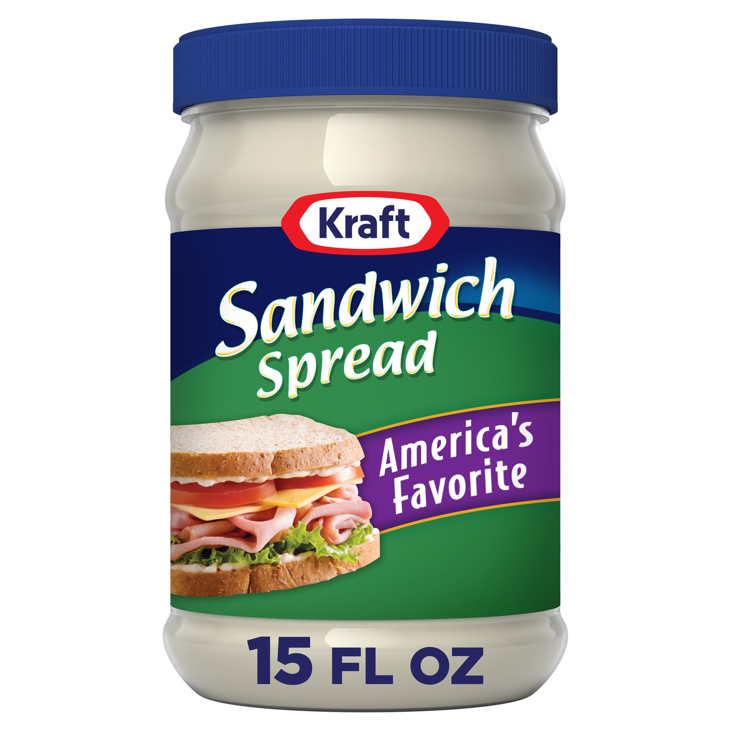 Kraft America's Favorite Sandwich Spread jar offers creamy, spreadable texture for sandwiches.