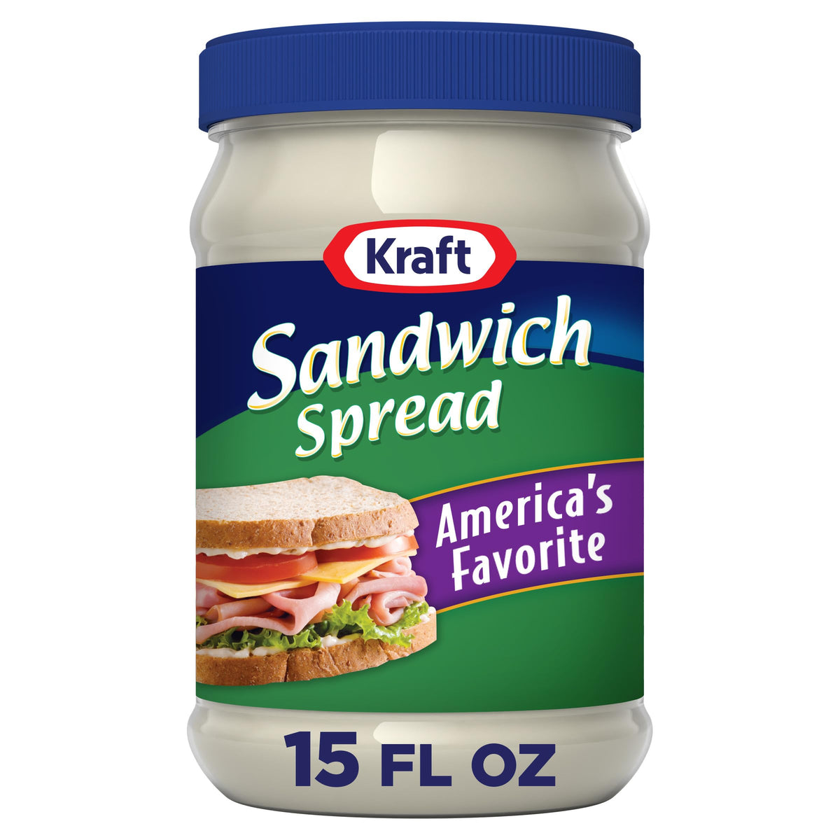 Kraft America's Favorite Sandwich Spread jar offers creamy, spreadable texture for sandwiches.