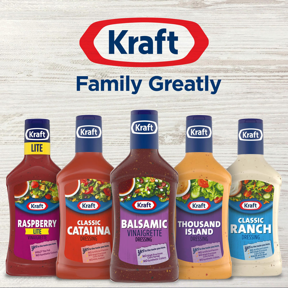 Glass bottle of Kraft Balsamic Vinaigrette with droplets